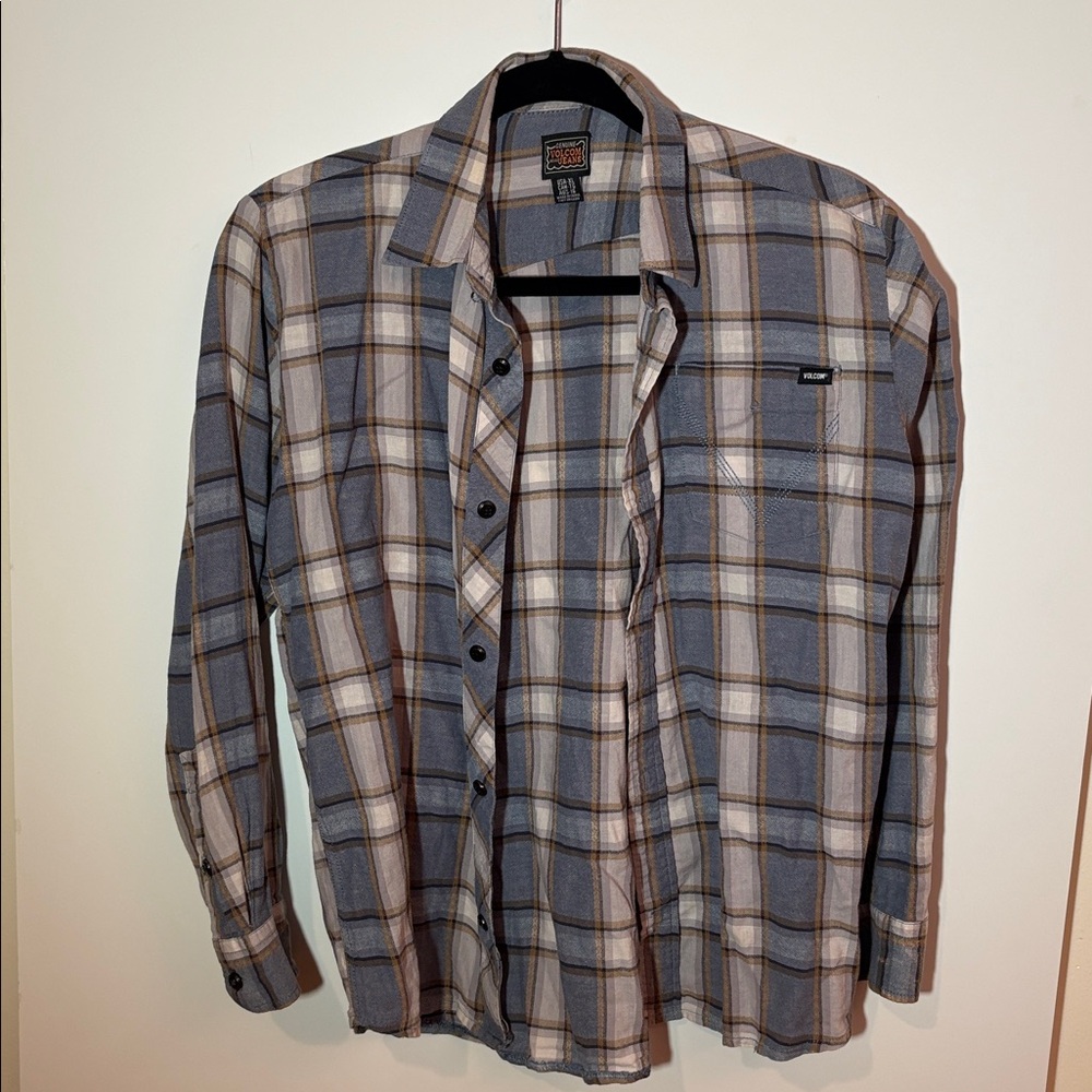 Volcom Blue and Tan Plaid Shirt